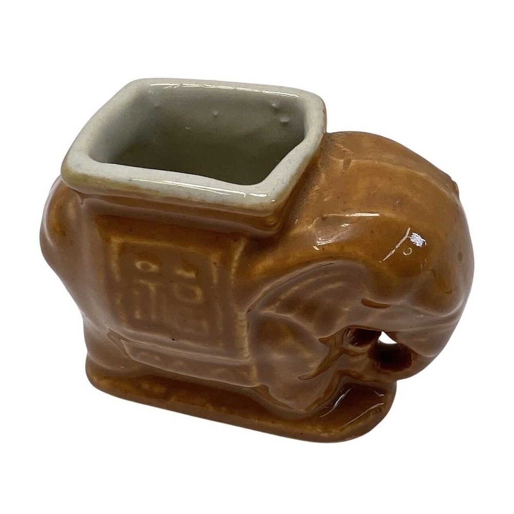 Ceramic Elephant Figurine (toothpick Holder) Glossy Brown Plant Planter VTG